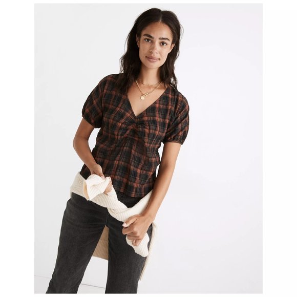 [NWT] Madewell Gathered V-Neck Top in Plaid - Picture 3 of 5